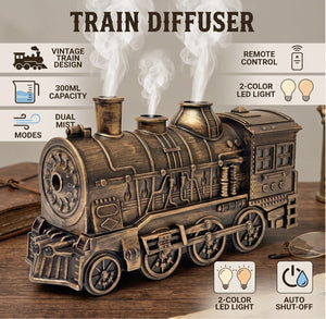 Train humidifier features: vintage design, 300ml tank, dual mist modes, remote control, 2-color LED, auto shut-off