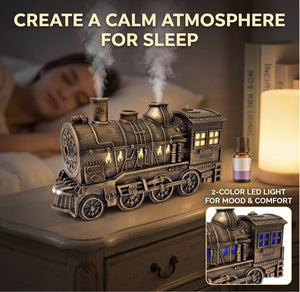 Train humidifier glowing on a nightstand as a calming night light