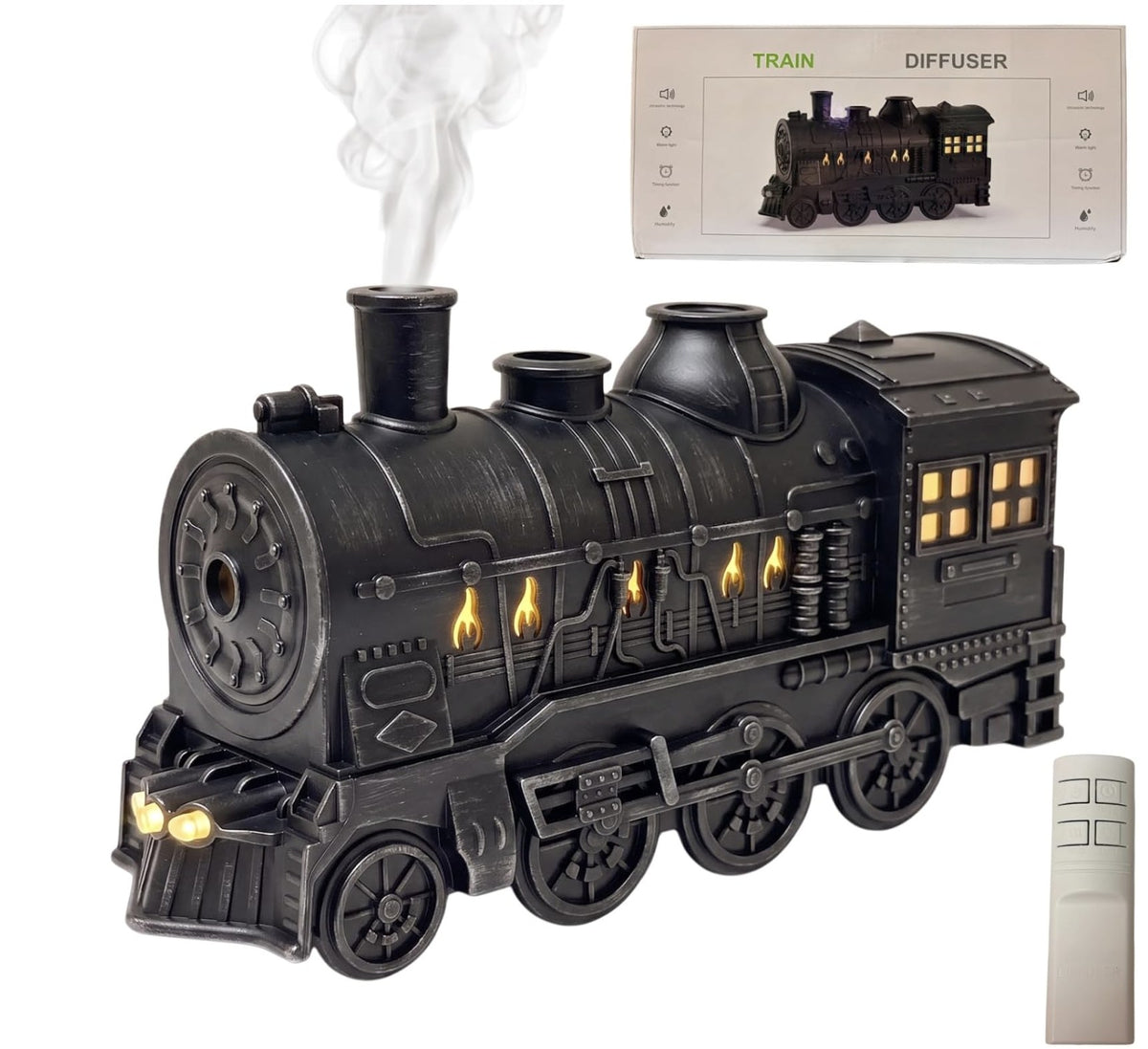SteamNest Vintage Train Humidifier in Matte Black with remote control and gift box